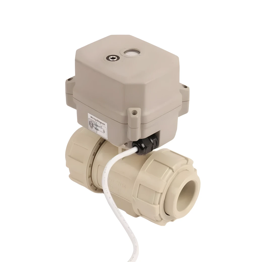 Mini Smart 24V DC Plastic Pph Double Union Motorized Water Control Ball Valve with Electric Actuator Plumbing Irrigation